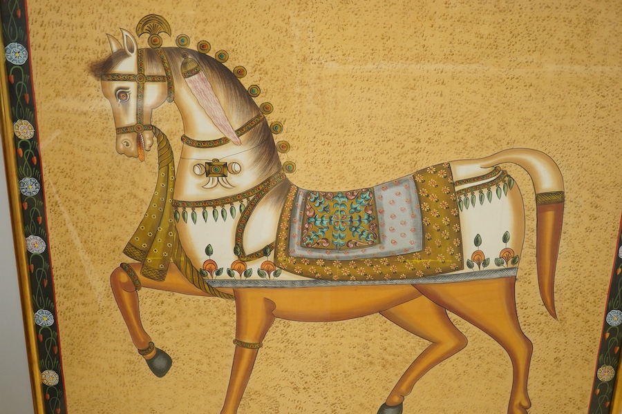 A large 20th century Rajasthani painted silk panel, depicting a horse, 115cm wide